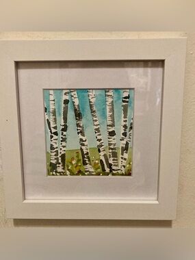 Framed Original Watercolor Art “Birch Trees” Home Decor Size 7”x7”